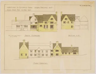 Tilføjelser til Cotswold Farm: syd- og frontforhøjninger, ca. 1925 (print og wc på papir)